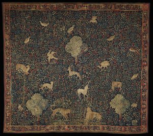 Hayvanlarla alegorik Millefleurs goblen, 1530–45 (yün ve ipek) by Flemish School